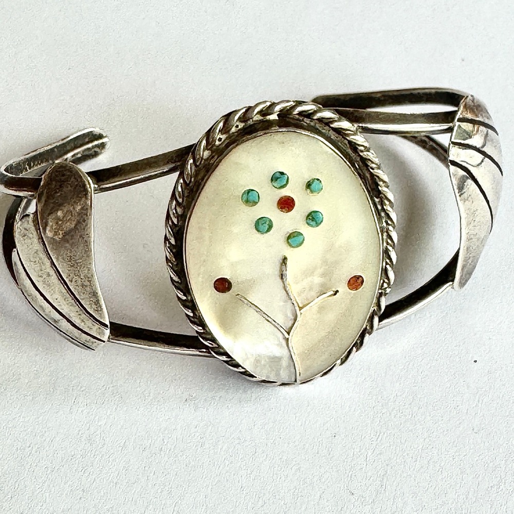 VTG Zuni Inlay Flower Cuff Bracelet 6in Turquoise Sterling Native American - Picture 3 of 9